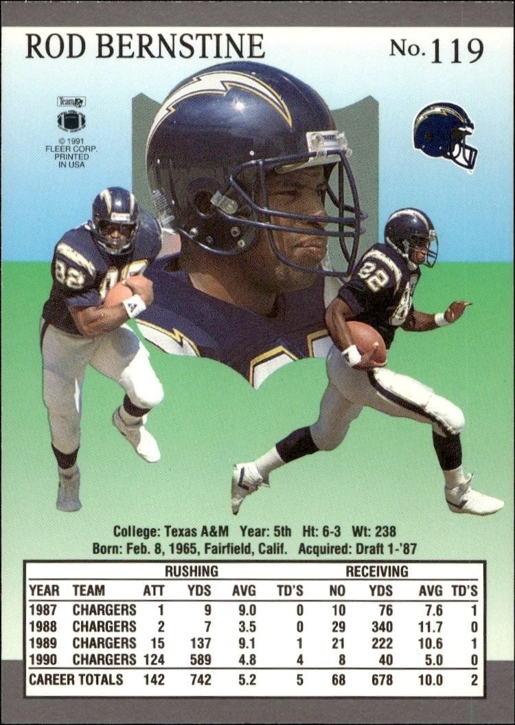 1991 Fleer Ultra Rod Bernstine #119 football trading card back