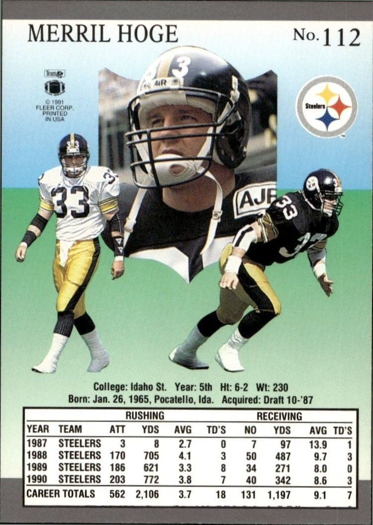 1991 Fleer Ultra Merril Hoge #112 football trading card back