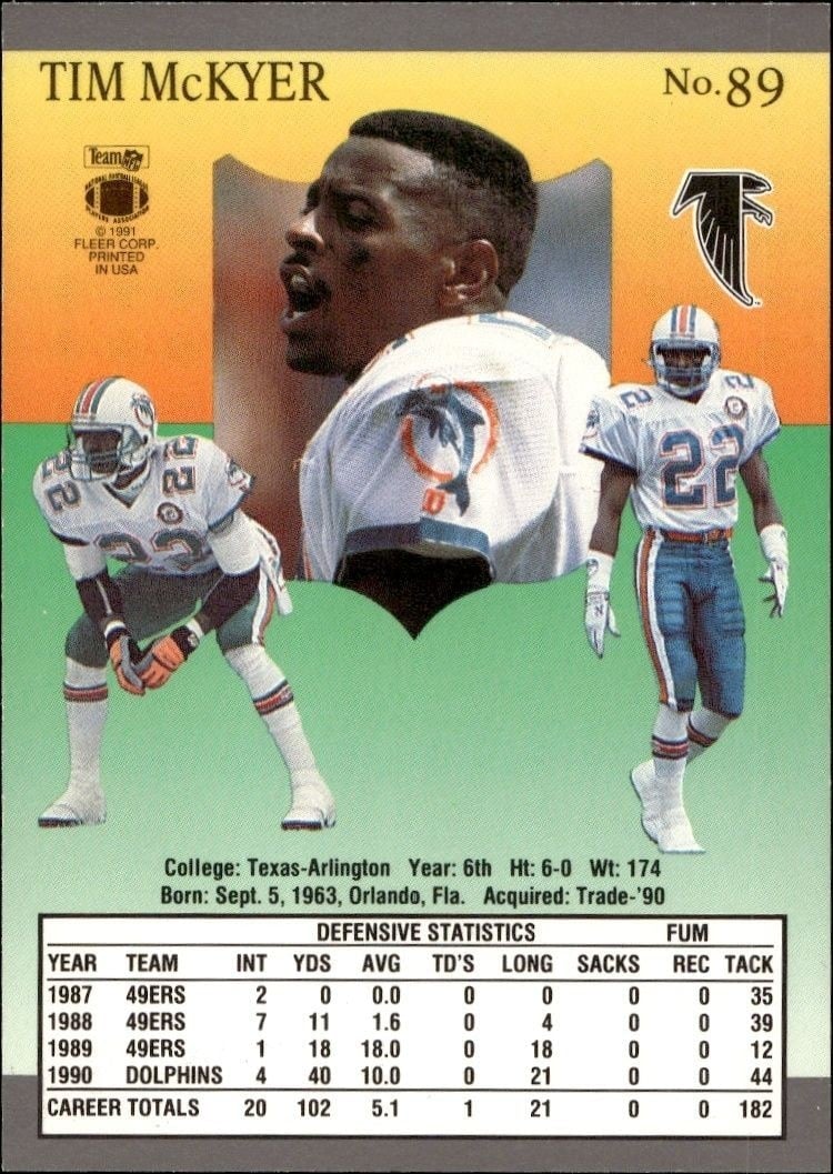 1991 Fleer Ultra Tim McKyer #89 football trading card back