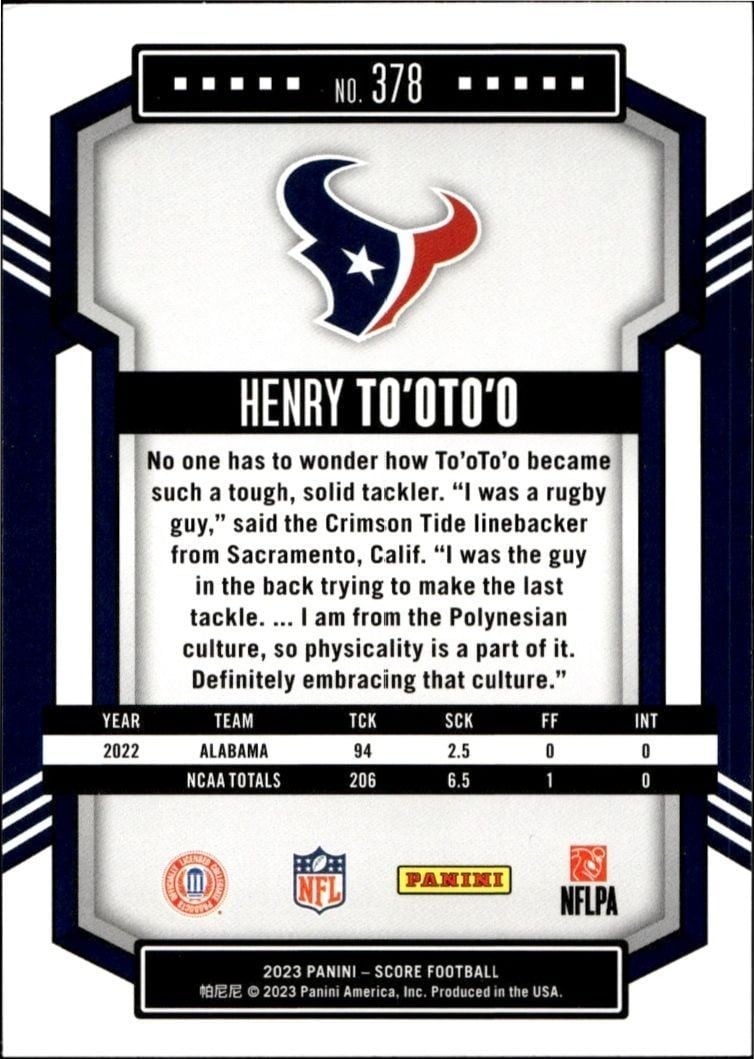2023 Panini Score Henry To'Oto'O #378 football trading card back
