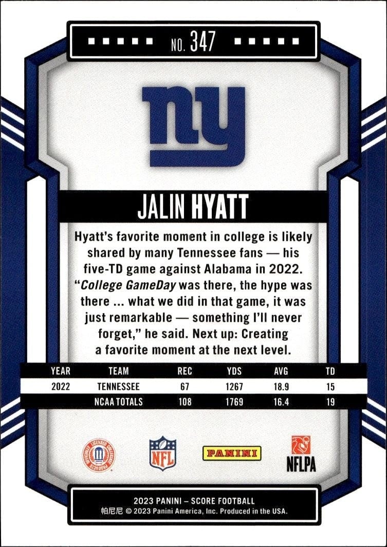 2023 Panini Score Jalin Hyatt #347 football trading card back