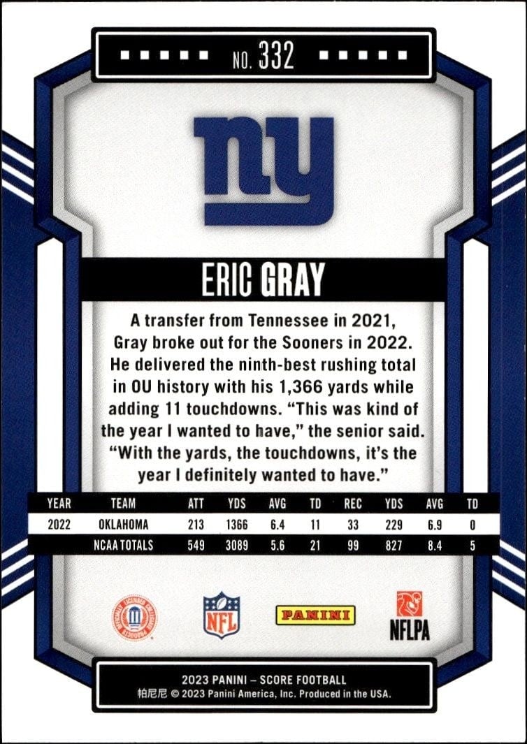 2023 Panini Score Eric Gray #332 football trading card back