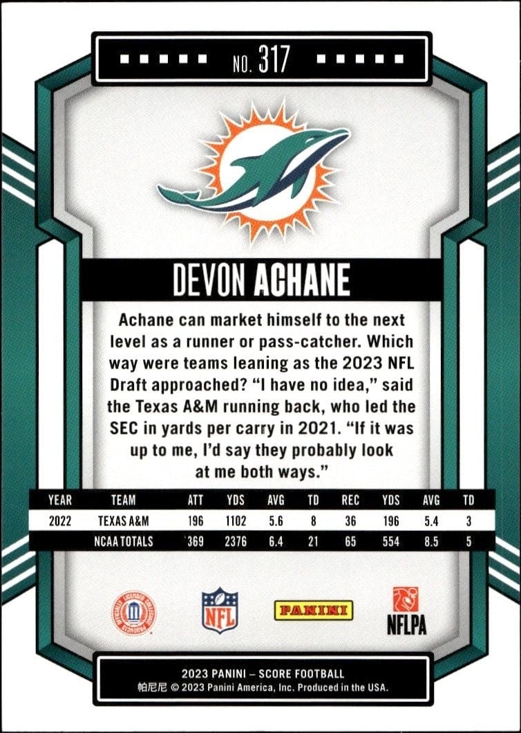 2023 Panini Score De'Von Achane #317 football trading card back