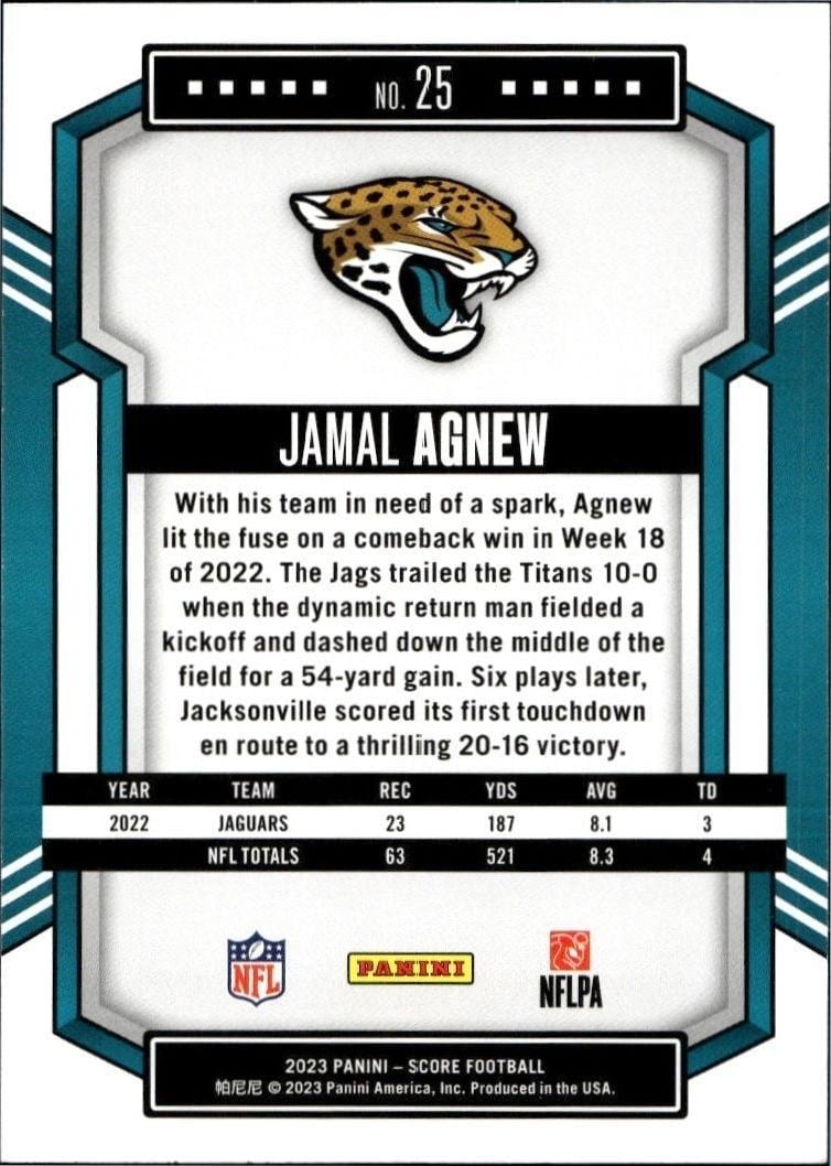 2023 Panini Score Jamal Agnew #25 football trading card back