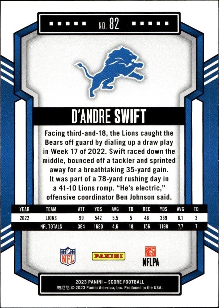 2023 Panini Score D'Andre Swift #82 football trading card back