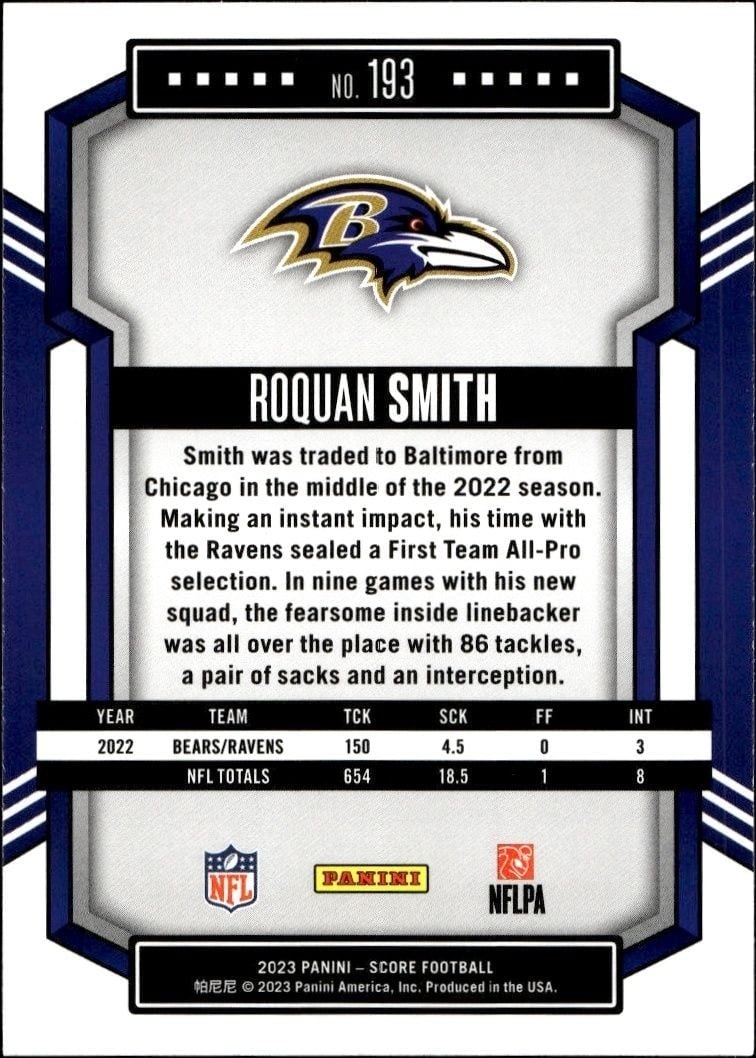 2023 Panini Score Roquan Smith #193 football trading card back