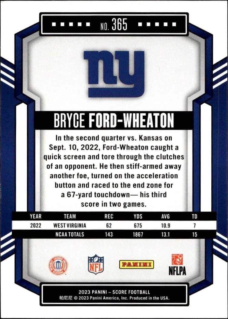 2023 Panini Score Bryce Ford-Wheaton #365 football trading card back