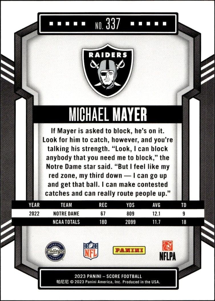 2023 Panini Score Michael Mayer #337 football trading card back