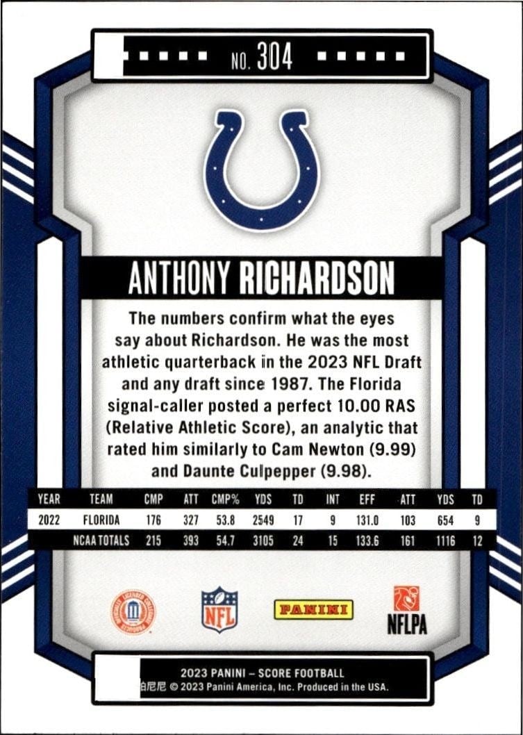 2023 Panini Score Anthony Richardson #304 football trading card back