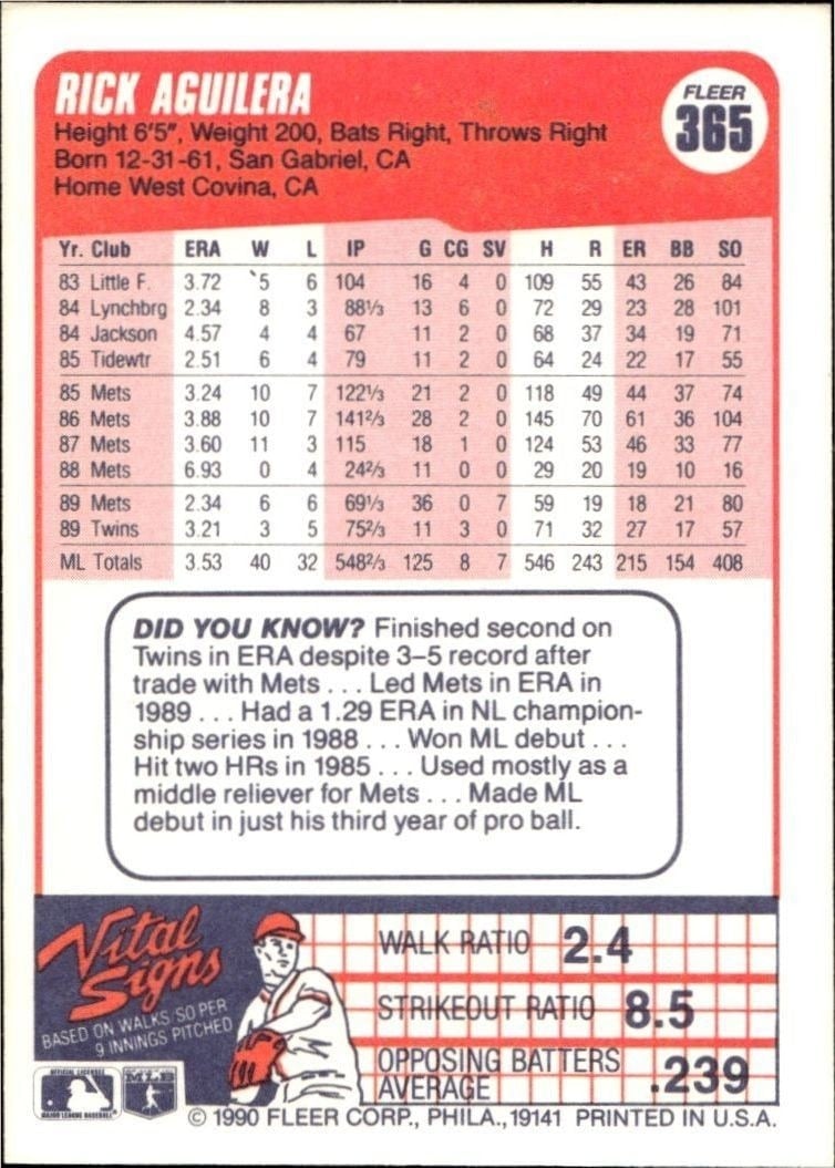 1990 Fleer Rick Aguilera #365B baseball trading card back