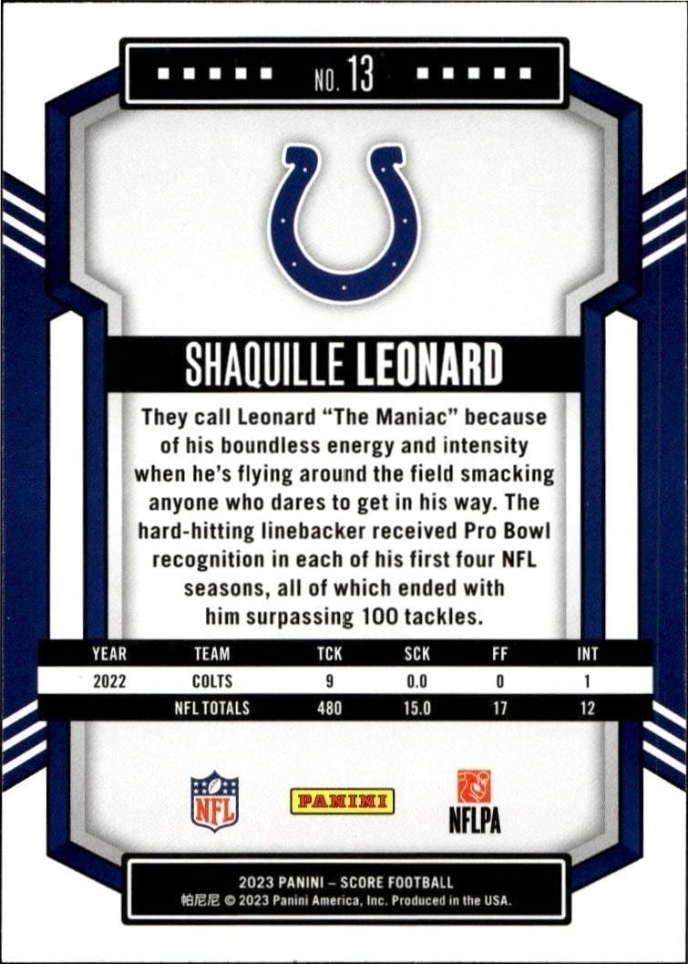2023 Panini Score Shaquille Leonard #13 football trading card back