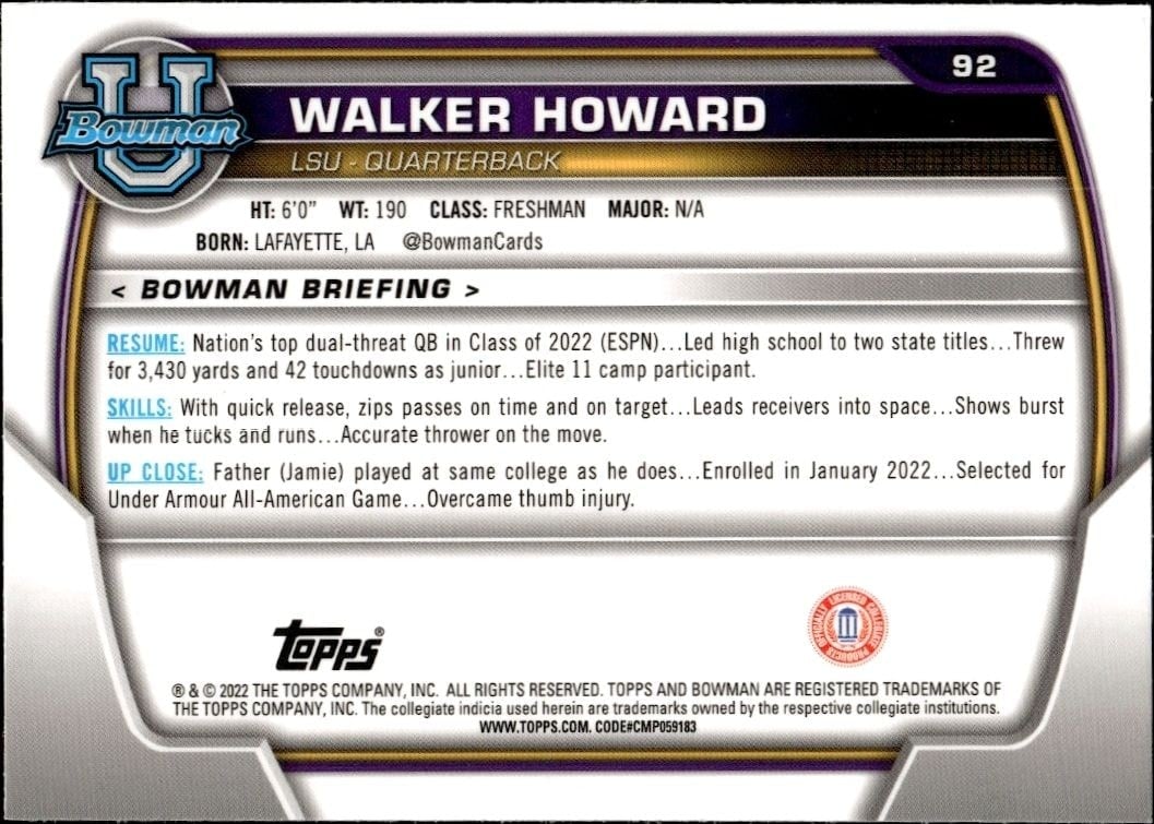 2022 Bowman University Chrome Walker Howard #92 football trading card back