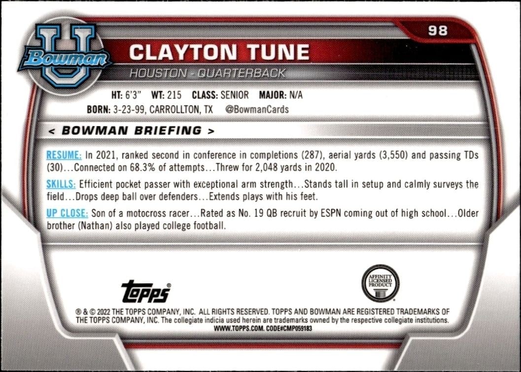 2022 Bowman University Chrome Clayton Tune #98 football trading card back