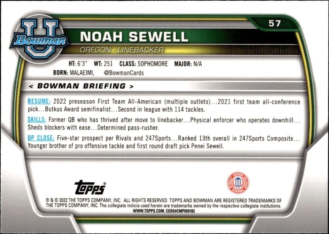 2022 Bowman University Chrome Noah Sewell #57 football trading card back