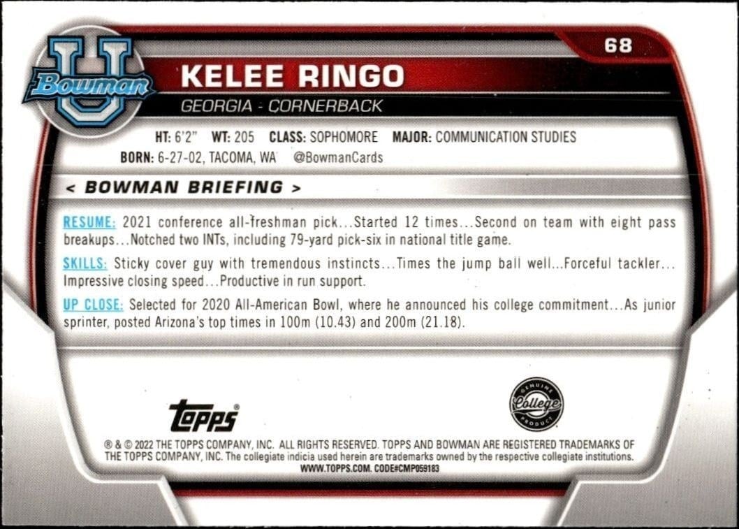 2022 Bowman University Chrome Kelee Ringo #68 football trading card back