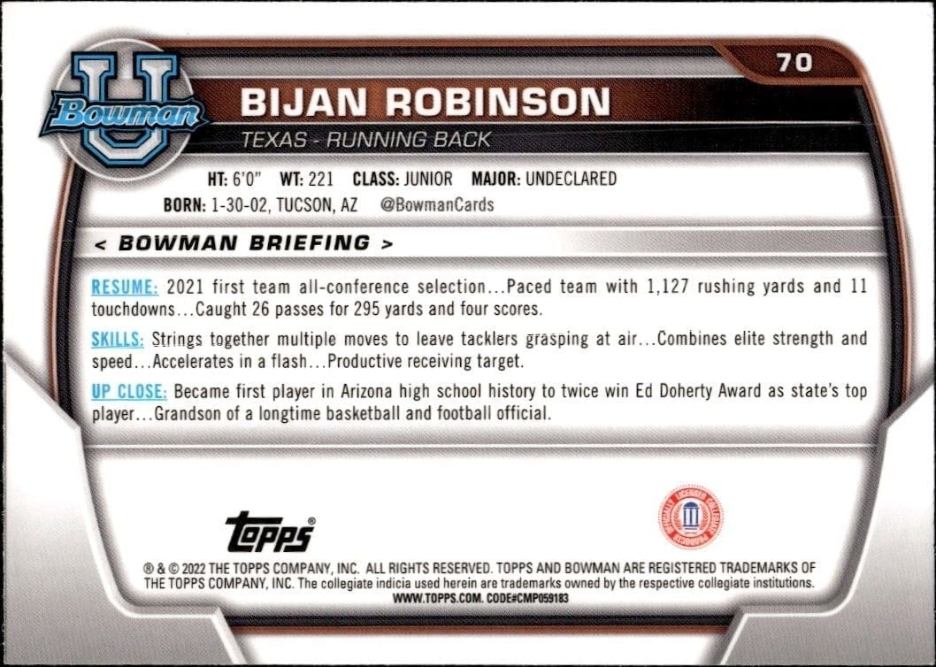 2022 Bowman University Chrome Bijan Robinson #70 football trading card back