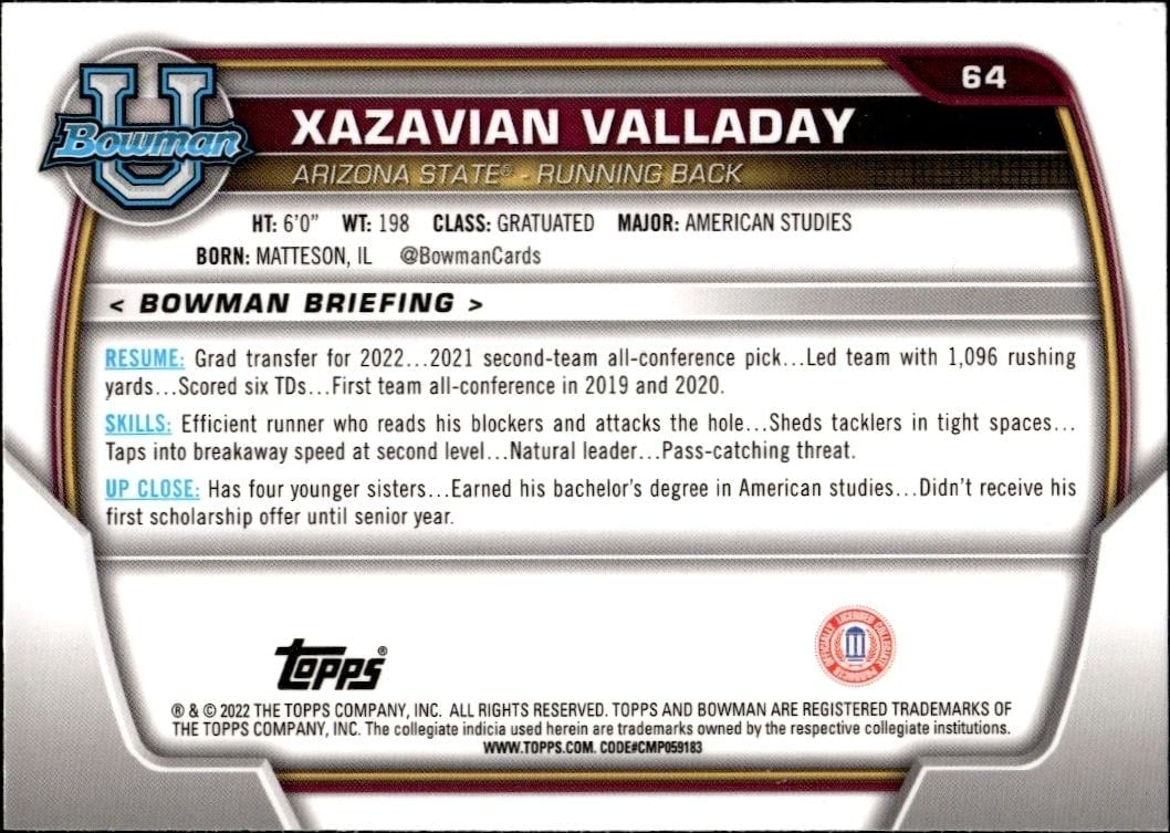 2022 Bowman University Chrome Xazavian Valladay #64 football trading card back