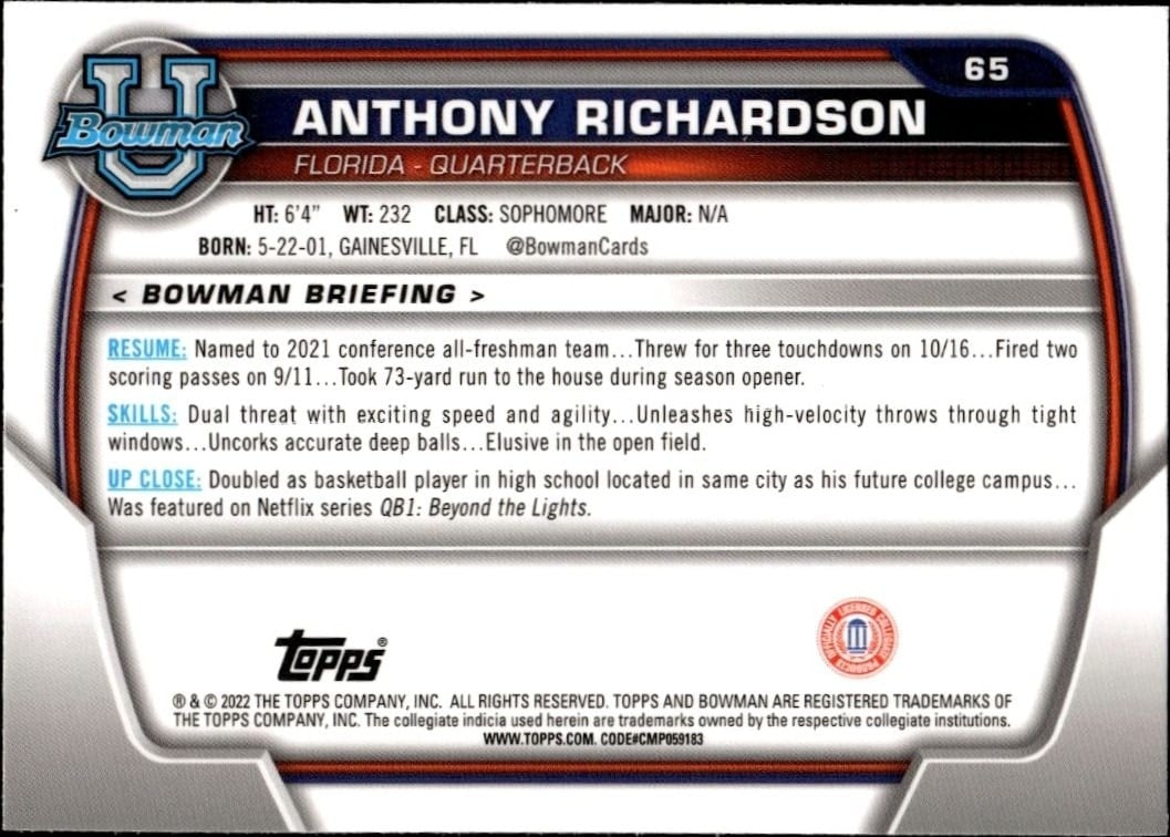 2022 Bowman University Chrome Anthony Richardson #65 football trading card back