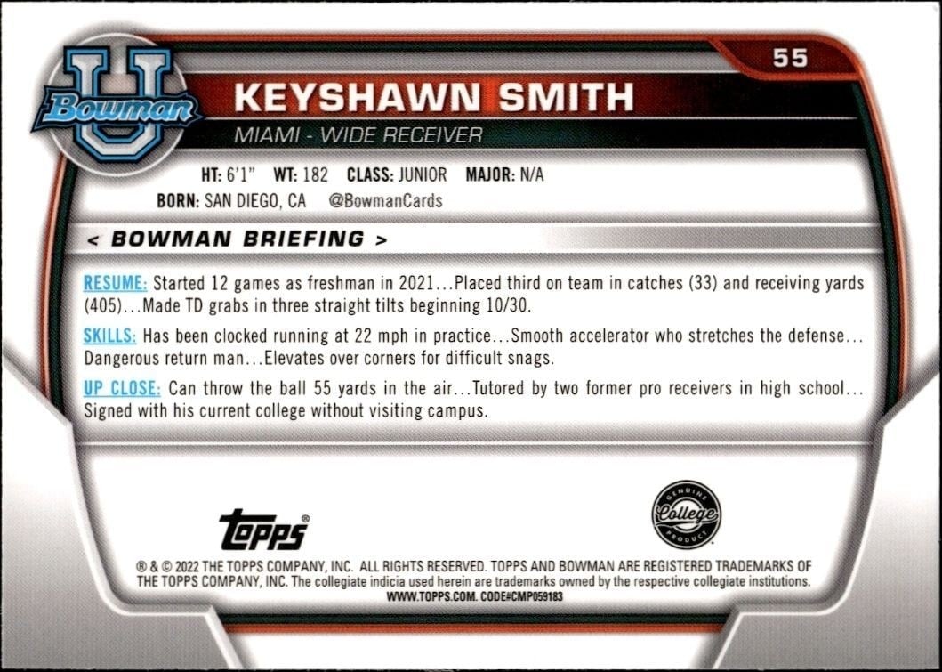 2022 Bowman University Chrome Keyshawn Smith #55 football trading card back