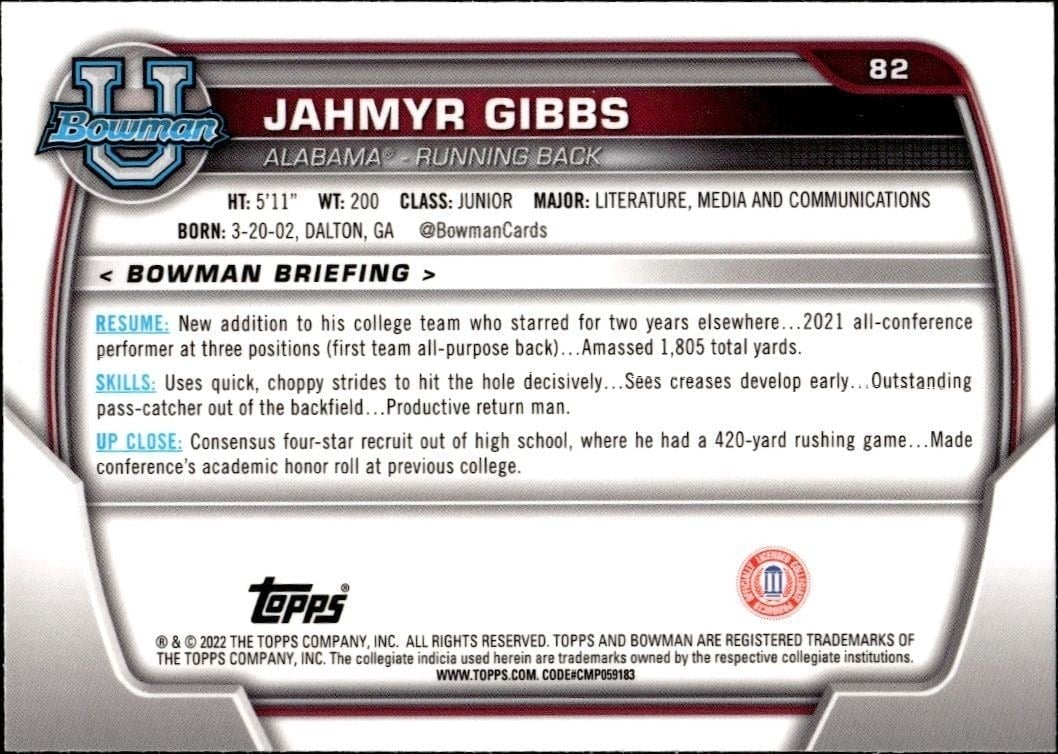 2022 Bowman University Chrome Jahmyr Gibbs #82 football trading card back