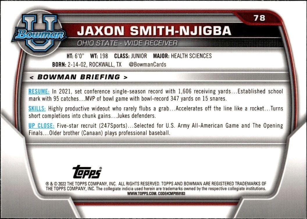 2022 Bowman University Chrome Jaxon Smith-Njigba #78 football trading card back