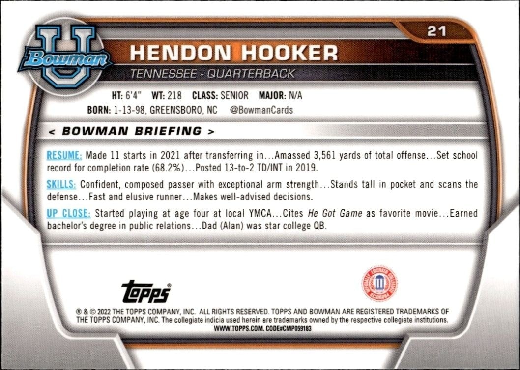 2022 Bowman University Chrome Hendon Hooker #21 football trading card back