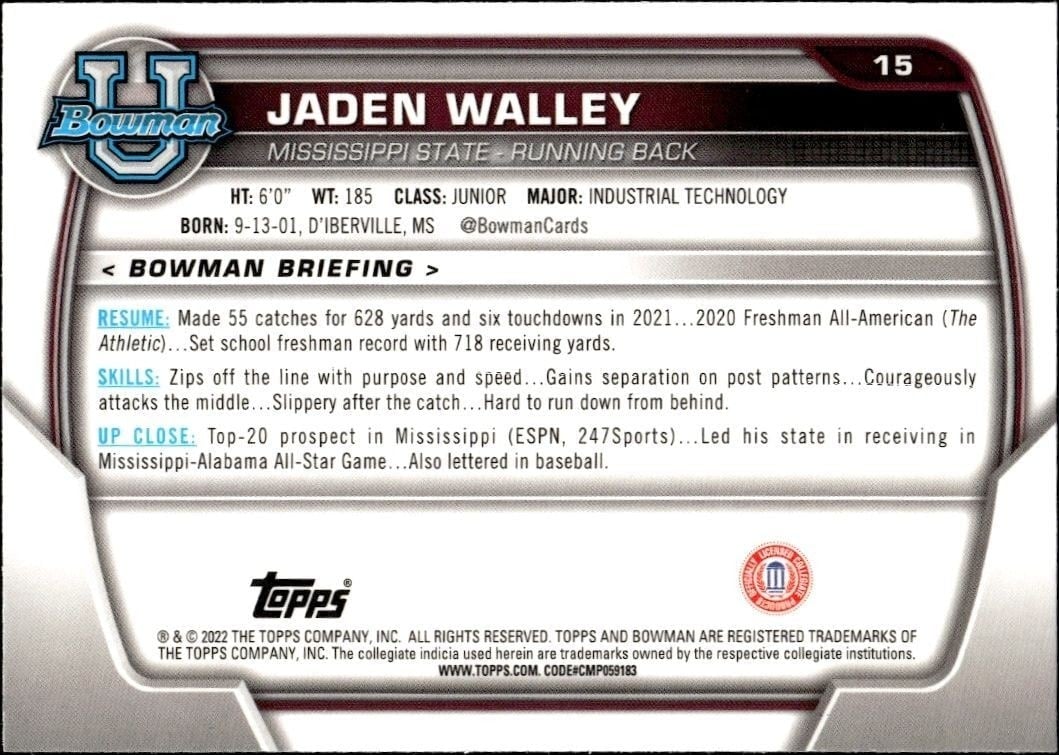 2022 Bowman University Chrome Jaden Walley #15 football trading card back