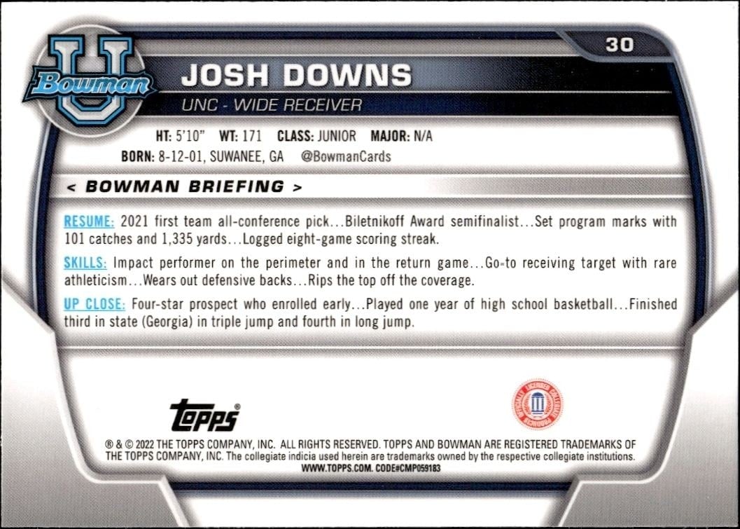 2022 Bowman University Chrome Josh Downs #30 football trading card back
