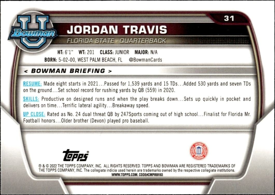 2022 Bowman University Chrome Jordan Travis #31 football trading card back