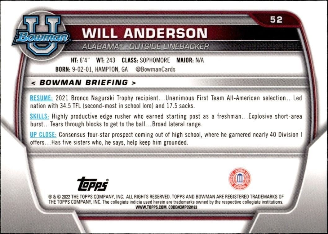 2022 Bowman University Chrome Will Anderson #52 football trading card back