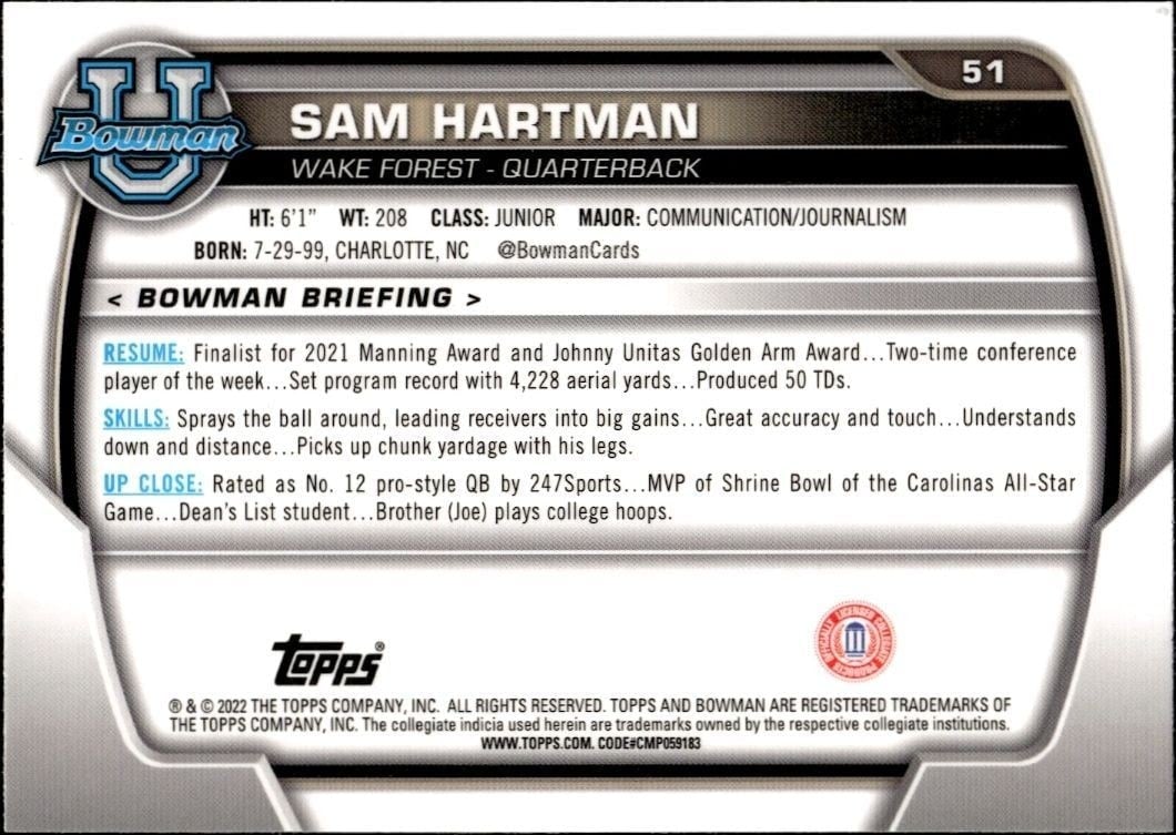 2022 Bowman University Chrome Sam Hartman #51 football trading card back