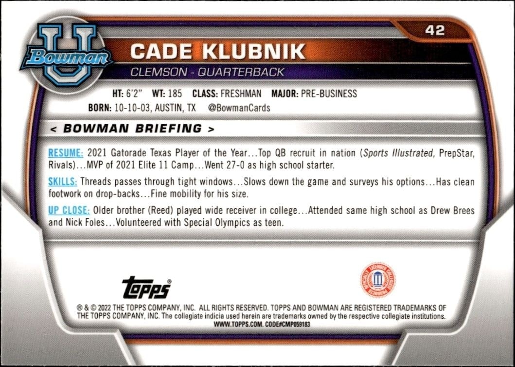 2022 Bowman University Chrome Cade Klubnik #42 football trading card back