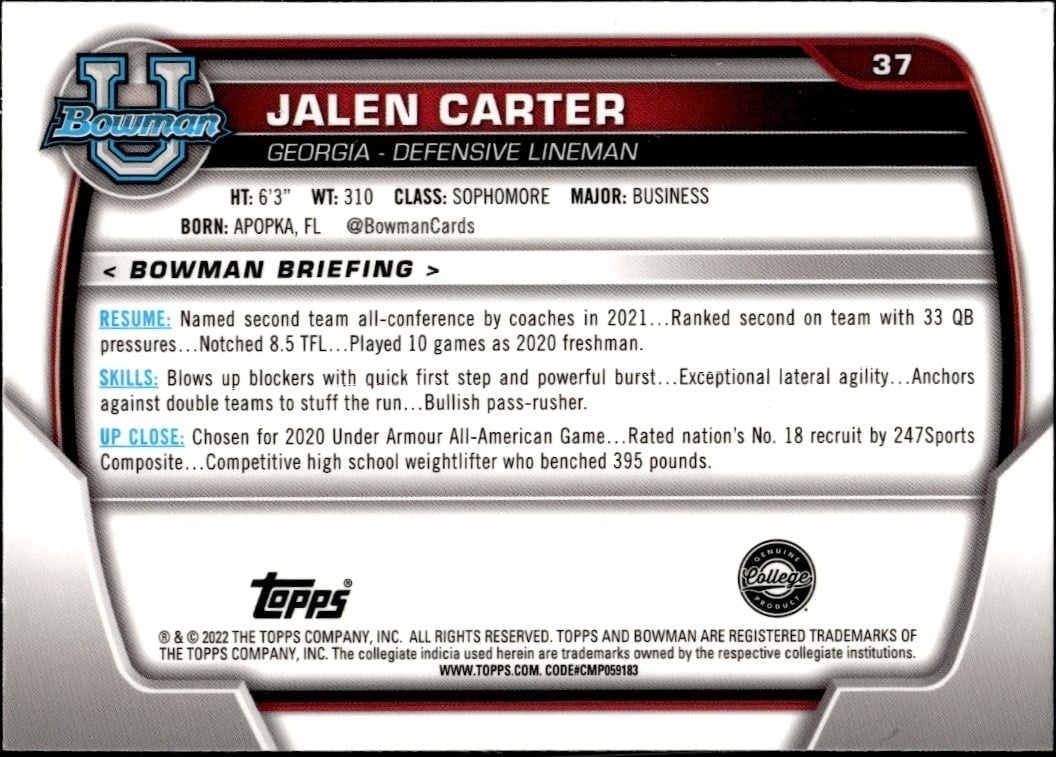2022 Bowman University Chrome Jalen Carter #37 football trading card back