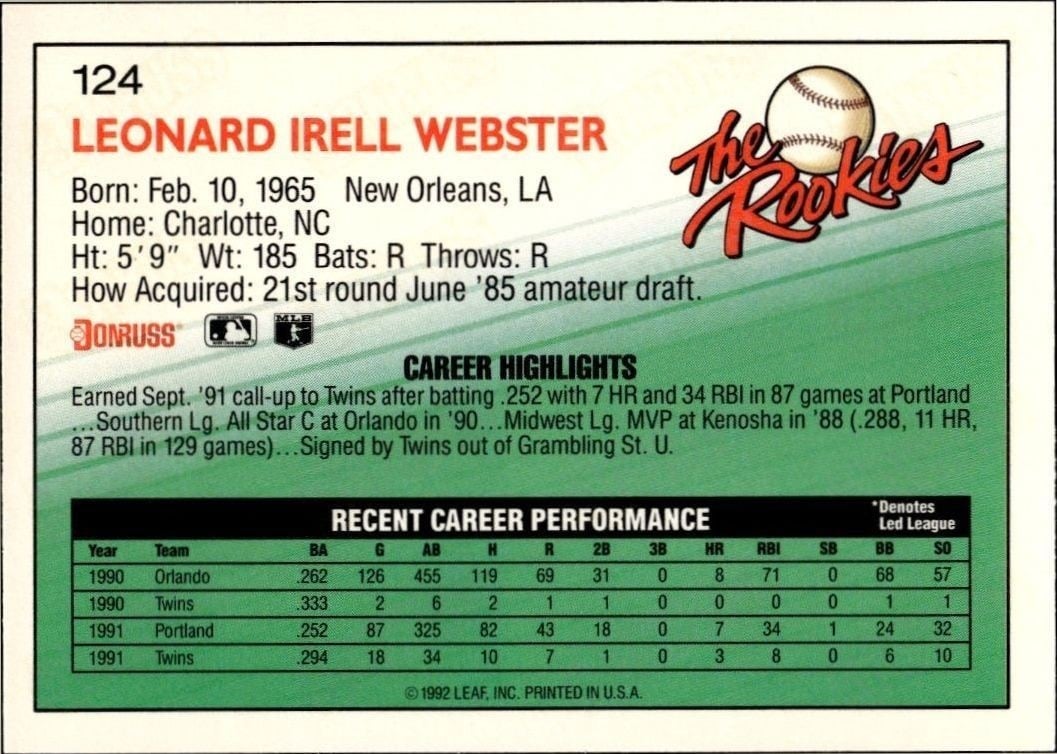 1992 Donruss the Rookies Lenny Webster #124 baseball trading card back