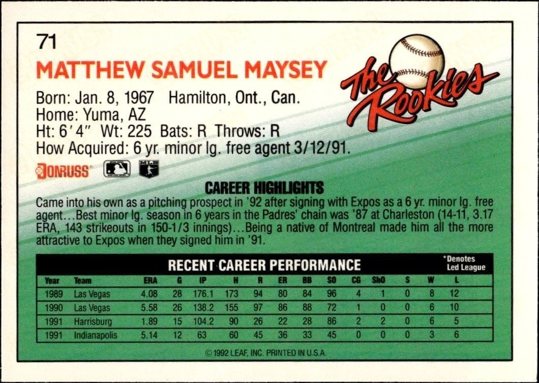 1992 Donruss the Rookies Matt Maysey #71 baseball trading card back
