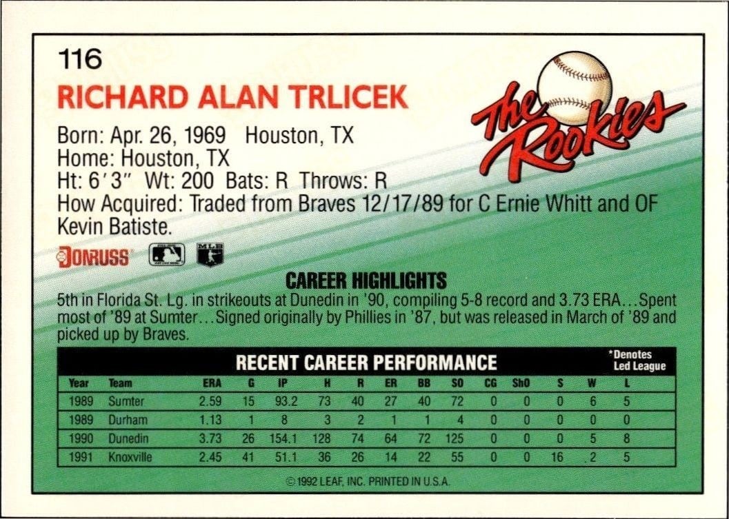 1992 Donruss the Rookies Rick Trlicek #116 baseball trading card back