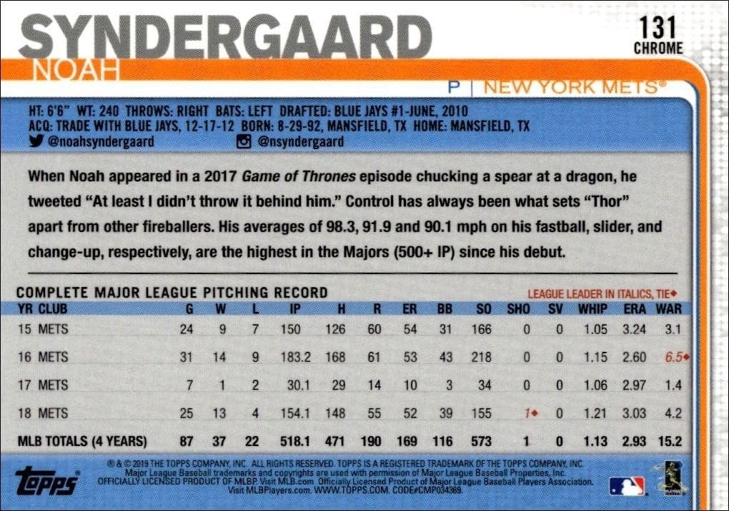 2019 Topps Chrome Noah Syndergaard #131 baseball trading card back