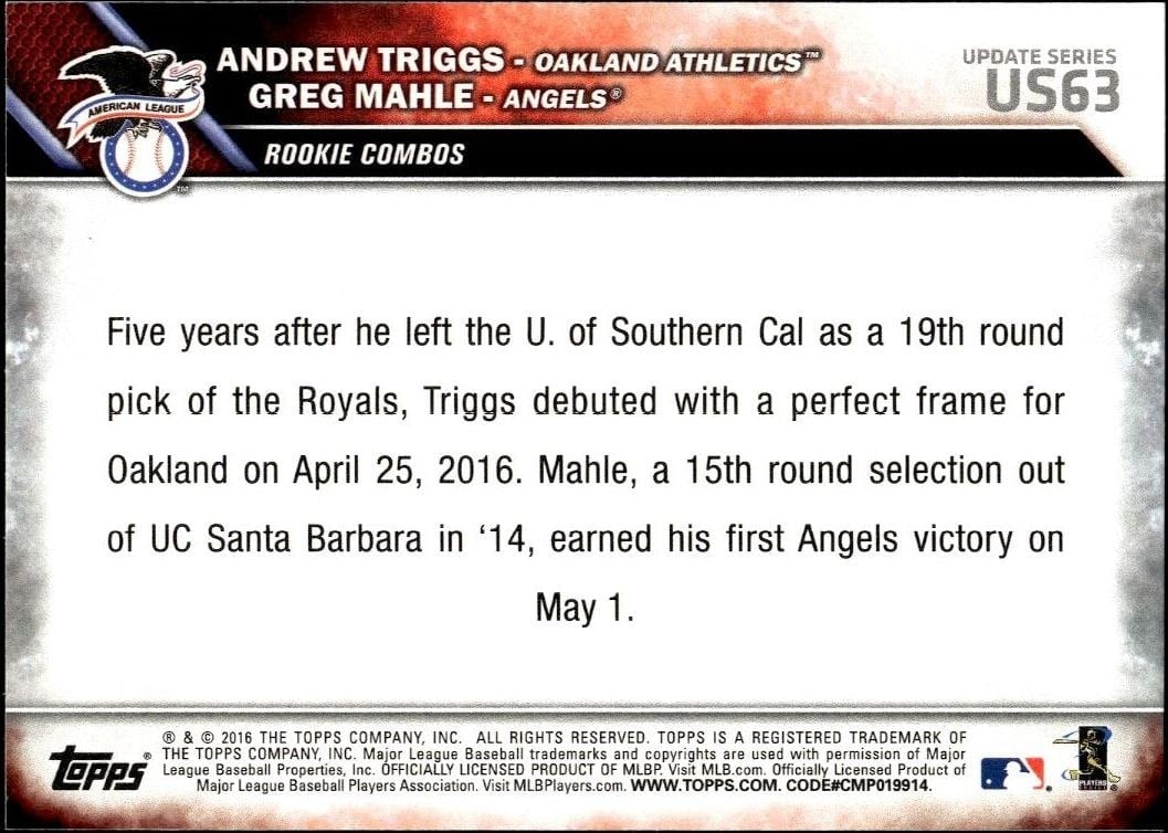 2016 Topps Update Series Andrew Triggs #US63 baseball trading card back