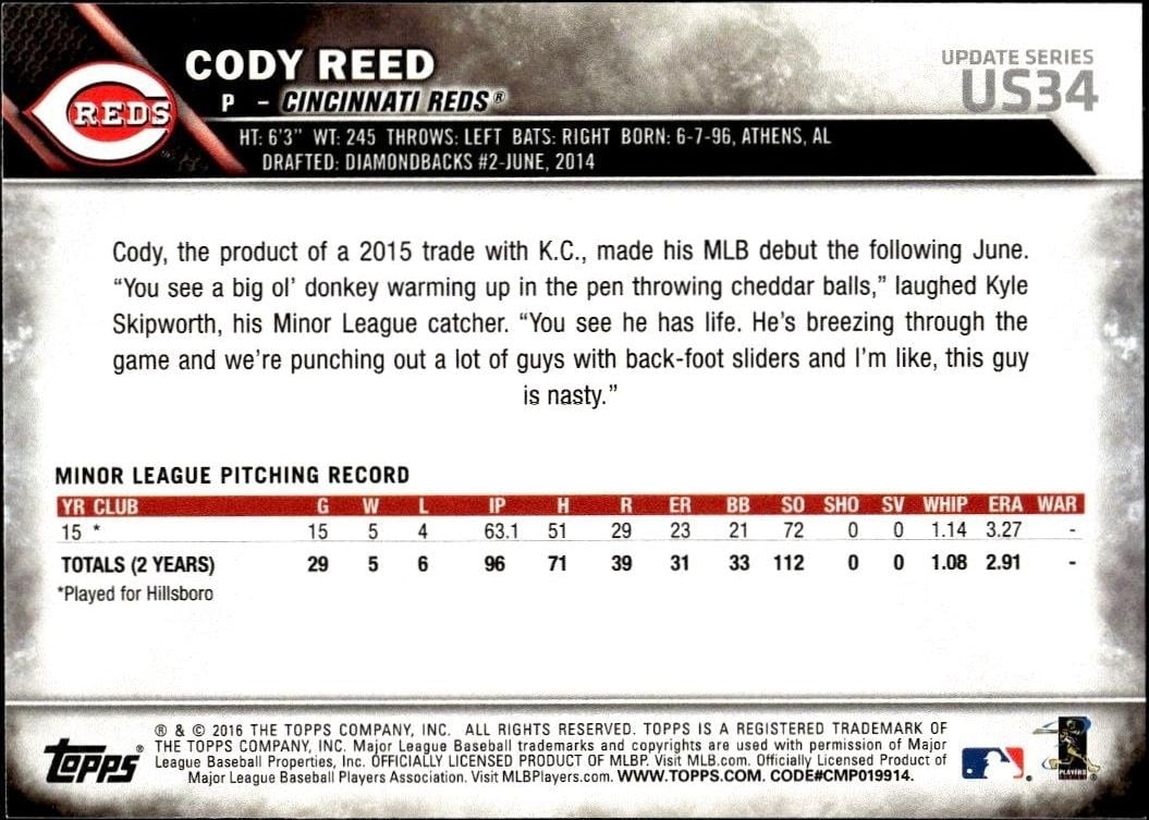 2016 Topps Update Series Cody Reed #US34 baseball trading card back