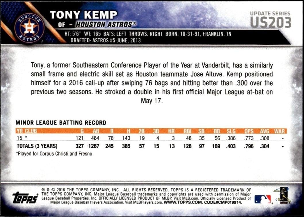 2016 Topps Update Series Tony Kemp #US203 baseball trading card back