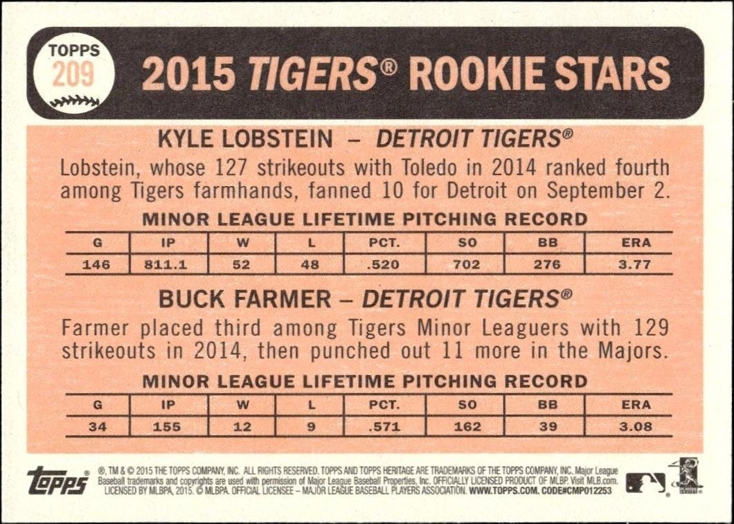 2015 Topps Heritage Kyle Lobstein #209 baseball trading card back