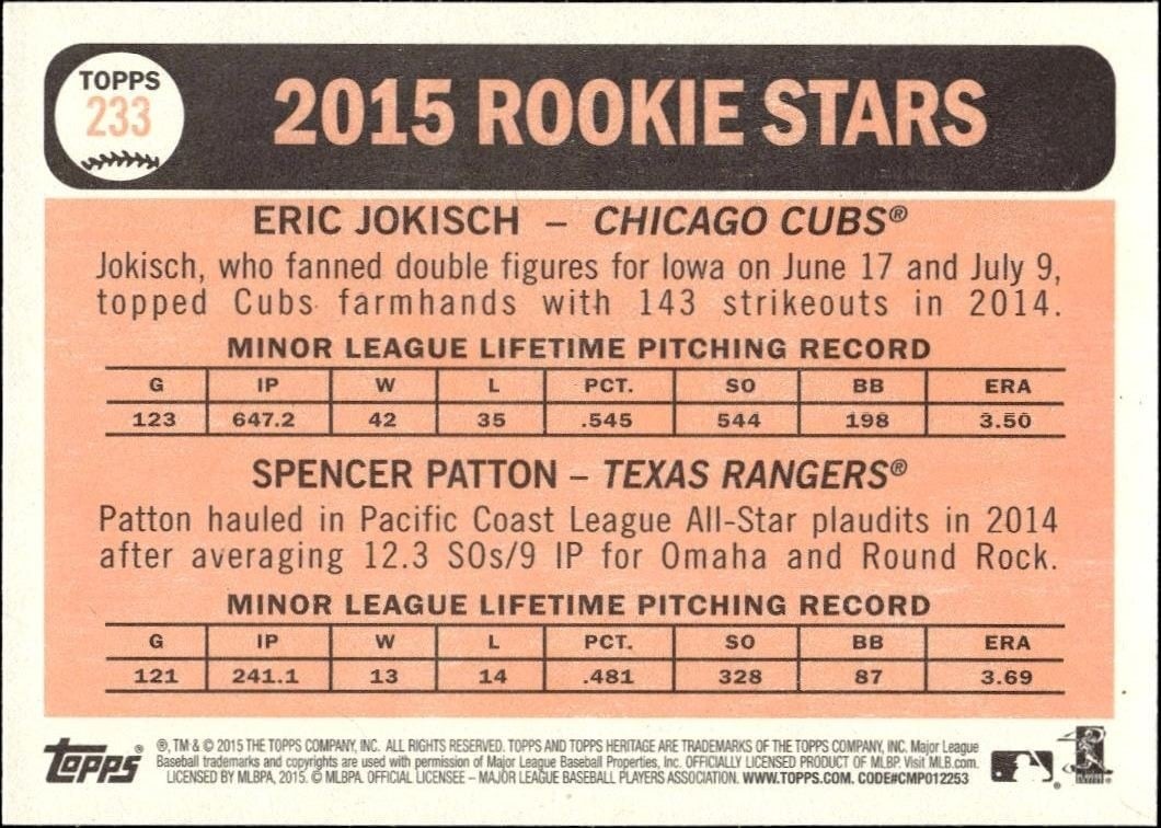 2015 Topps Heritage Spencer Patton #233 baseball trading card back