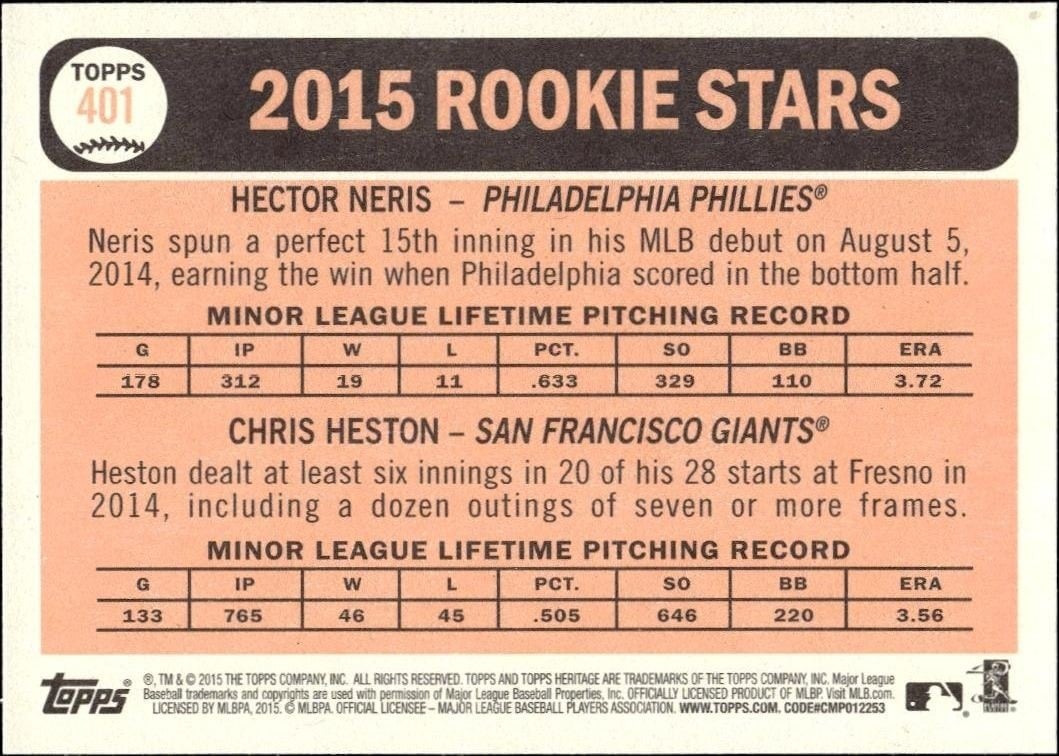 2015 Topps Heritage Hector Neris #401 baseball trading card back