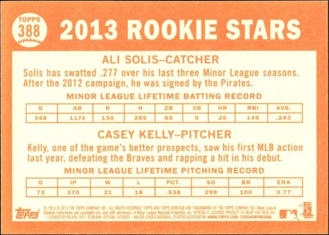 2013 Topps Heritage Ali Solis #388 baseball trading card back