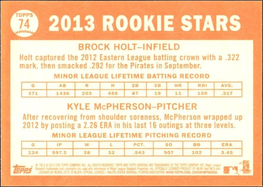 2013 Topps Heritage Brock Holt #74 baseball trading card back