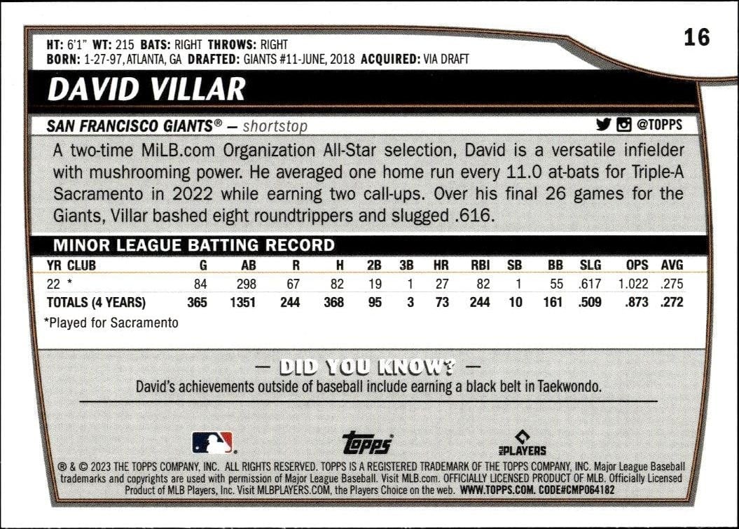 2023 Topps Big League David Villar #16 baseball trading card back