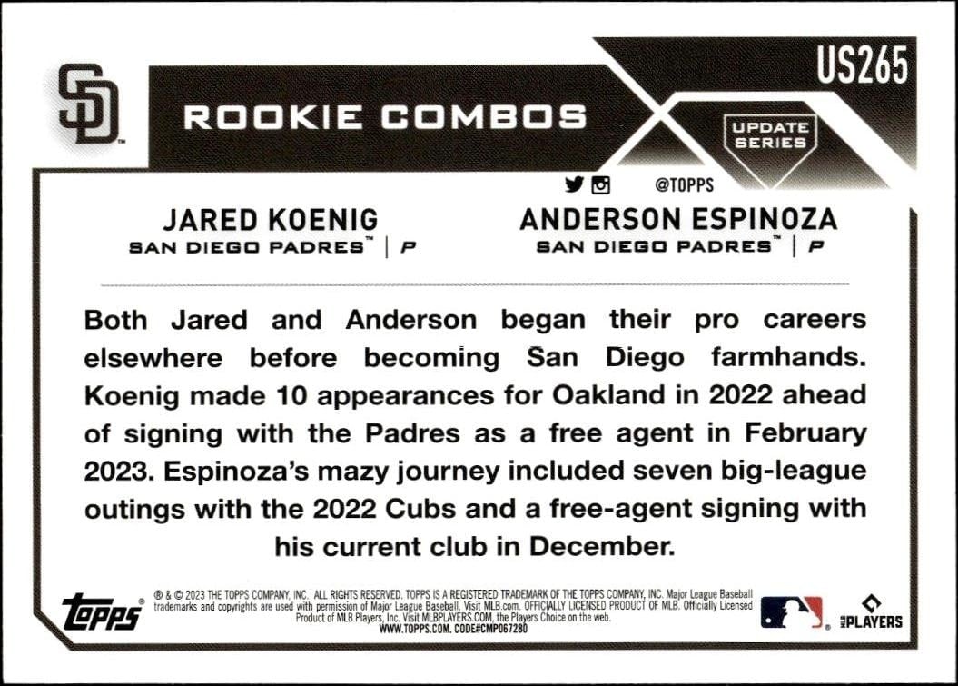 2023 Topps Update Series Jared Koenig #US265 baseball trading card back