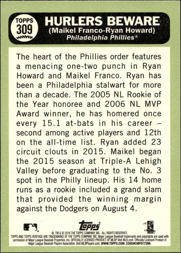 2016 Topps Heritage Maikel Franco #309 baseball trading card back