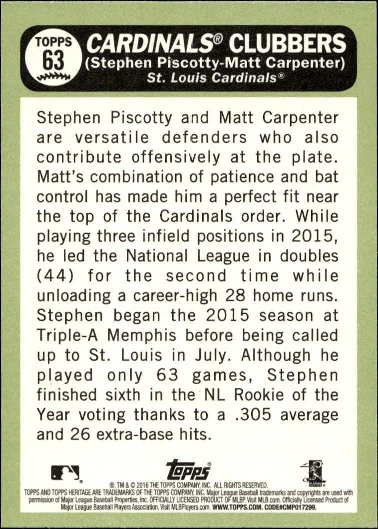 2016 Topps Heritage Stephen Piscotty #63 baseball trading card back