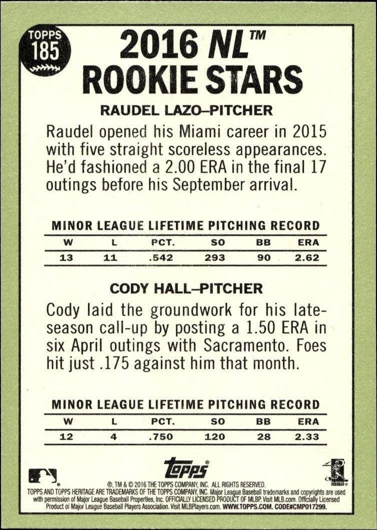 2016 Topps Heritage Cody Hall #185 baseball trading card back